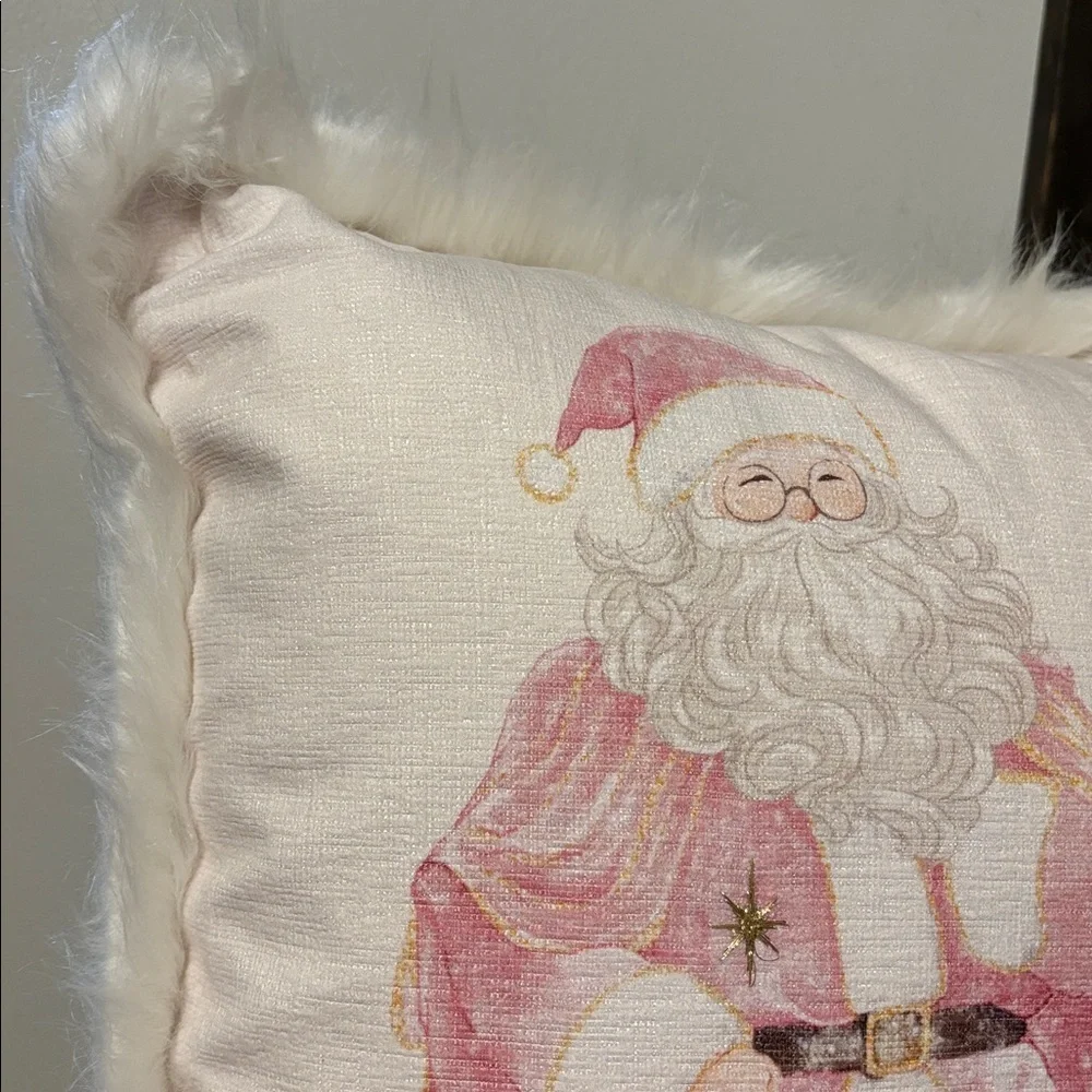 NWT Pink Santa & PINK CHRISTMAS Tree 20 X 20 THROW Pillow W/ FAUX FUR TRIM